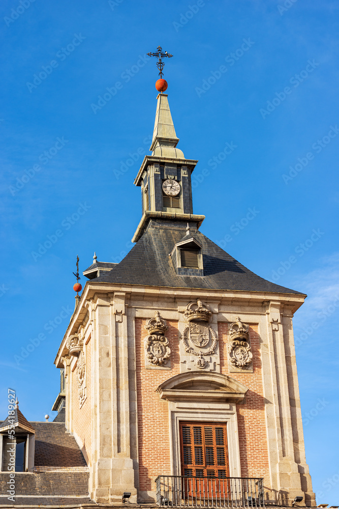 Closeup of the facade of the Casa De La Villa, 1692, the old town hall in Plaza de la Villa, Madrid downtown, Spain, southern Europe. Architect Juan Gomez de Mora.