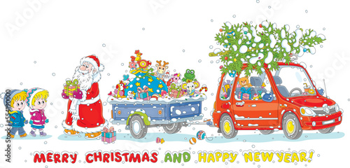 Merry Christmas and happy New Year card with Santa Claus giving to little children his holiday gifts from a car trailer full of colorful presents, sweets and toys, vector cartoon