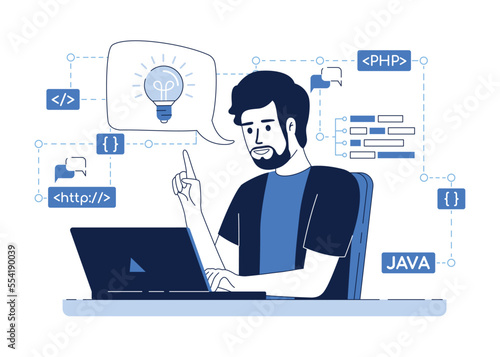 Programmer with new idea flat concept vector illustration. Editable 2D cartoon character on white for web design. Coding creative idea for website, mobile, presentation. Quicksand font used