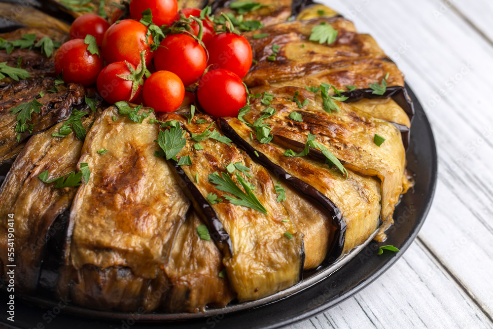 Traditional delicious Turkish food, meat eggplant dish (Turkish name; patlican kapama) Traditional delicious Turkish food, meat eggplant dish (Turkish name; patlican kapama)