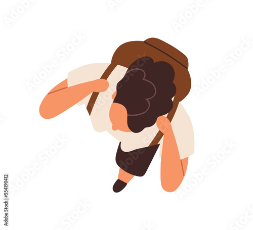 Overhead woman with backpack, going outdoors. Tourist travels top above view. Person walking on street, strolling. Student backpacker in motion. Flat vector illustration isolated on white background