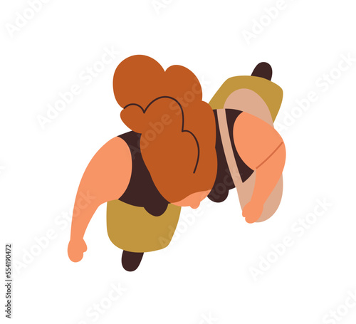 Woman with bag going, top view. Casual person walking outdoors. Female character overhead in action, movement from above. Citizen moving. Flat vector illustration isolated on white background