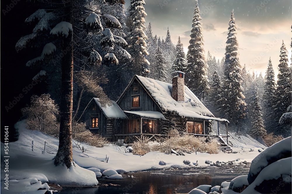  a cabin in the woods with a stream and snow covered ground and trees around it. - obrazy, fototapety, plakaty 