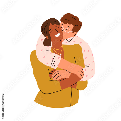Happy love couple hugging, kissing. Romantic relationship between interracial man and woman, valentines. Family, beloved wife and husband. Flat vector illustration isolated on white background