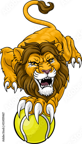 A lion with a tennis ball sports team animal cartoon mascot