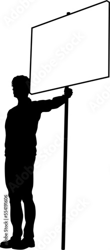 Protestor or demonstrator at a demonstration march, picket line or strike protest rally in silhouette. Holding up a banner or picket sign board placard.