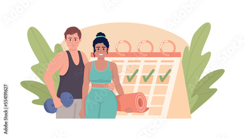 Workout consistency flat concept vector illustration. Regular exercise. Sport activities. Editable 2D cartoon characters on white for web design. Creative idea for website, mobile, presentation photo