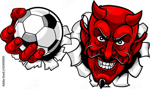 A devil or satan soccer football sports mascot cartoon character holding a ball