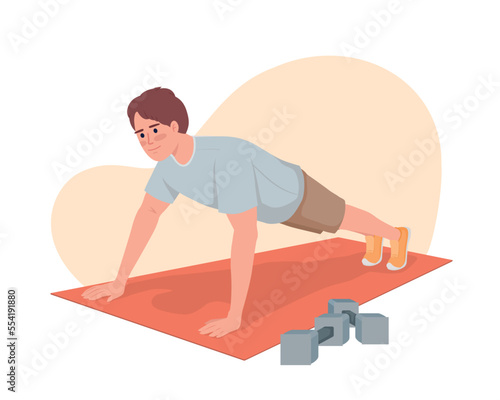 Man doing push up exercise 2D vector isolated illustration. Male following online workout. Training flat character on cartoon background. Colorful editable scene for mobile, website, presentation