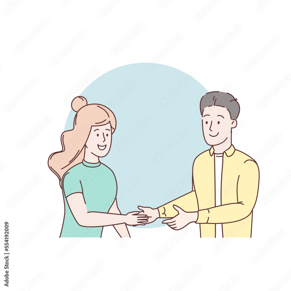 Shaking man and woman hands. Handshake of business people partners businessmen and businesswomen. Success deal, partnership, greeting shake, casual handshaking agreement concept. Vector illustration