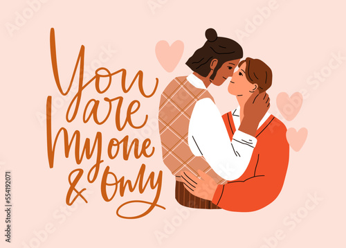 Love card for Valentine day. Romantic postcard with young happy hugging couple, quote, phrase for 14 February holiday. Interracial biracial pair in relationship. Flat vector illustration