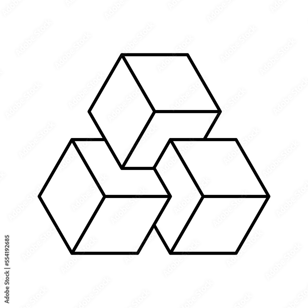Three linear cubes floating in the air. Impossible 3D geometric shape. Penrose optical illusion. Isometric blockchain technology concept. Triangle composition. Big data. Vector illustration, clip art Three linear cubes floating in the air. Impossible 3D geometric shape. Penrose optical illusion. Isometric blockchain technology concept. Triangle composition. Big data. Vector illustration, clip art