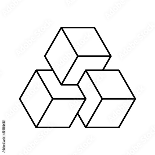 Three linear cubes floating in the air. Impossible 3D geometric shape. Penrose optical illusion. Isometric blockchain technology concept. Triangle composition. Big data. Vector illustration, clip art 