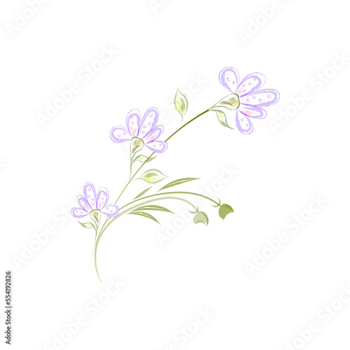 Close-up flower bouquet isolated on a white background  a sprig of delicate lilac small flowers with leaves and buds in pastel colors  vector illustration