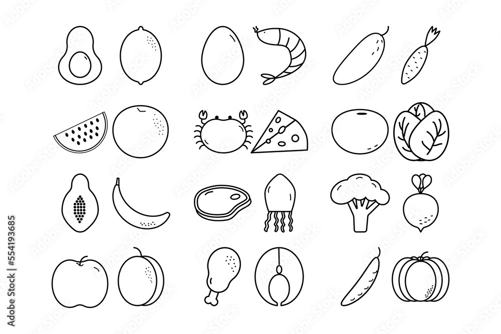 Vector outline healthy food icons. Cooking set Vector outline healthy food icons. Cooking set