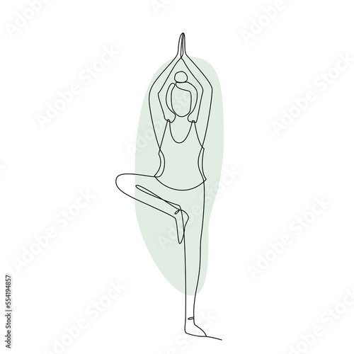 Single line drawing of a girl standing in a yoga pose with abstract shape background. Doodle illustration of relaxing workout.