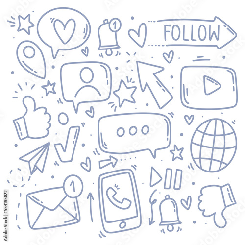 Vector objects and symbols on social media element  doodle sketch illustration.