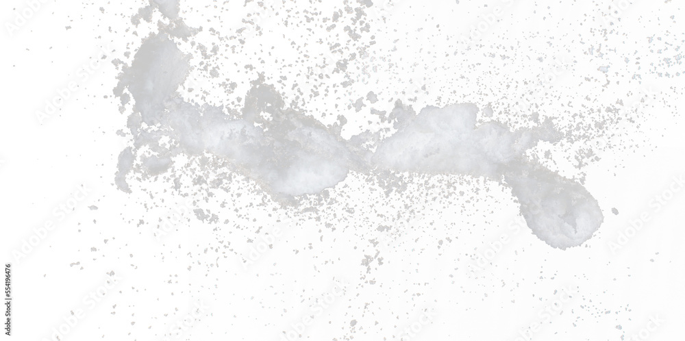 Fototapeta premium Photo image of falling down snow, heavy big small size snows. Freeze shot on black background isolated overlay. Fluffy White snowflakes splash cloud in mid air. Real Snow high speed shutter