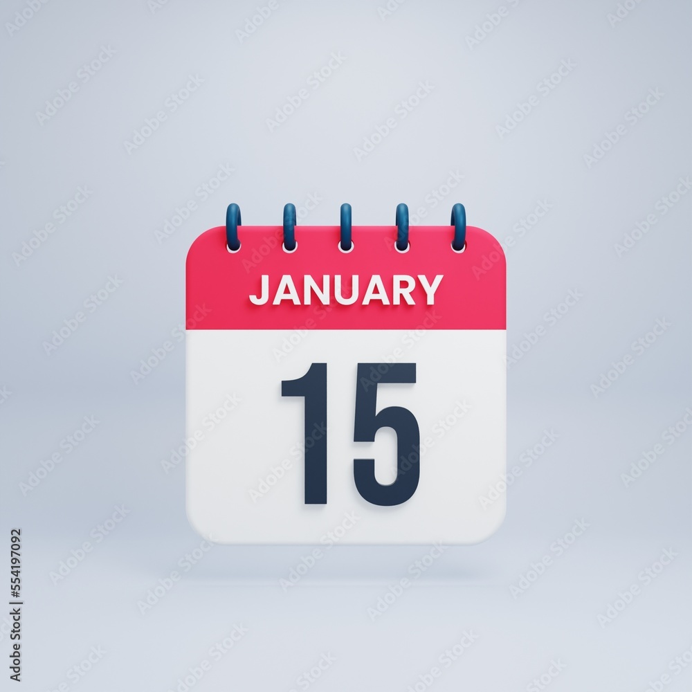 January Realistic Calendar Icon 3D Illustration Date January 15 January Realistic Calendar Icon 3D Illustration Date January 15