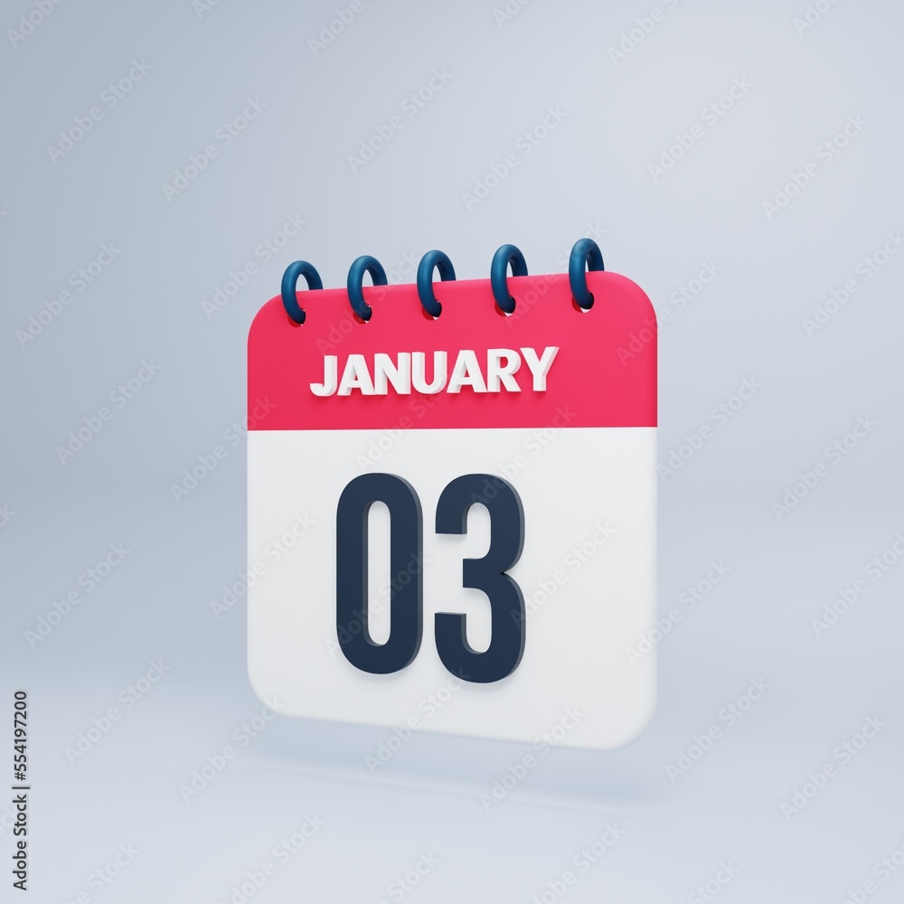 January Realistic Calendar Icon 3D Illustration Date January 03 January Realistic Calendar Icon 3D Illustration Date January 03