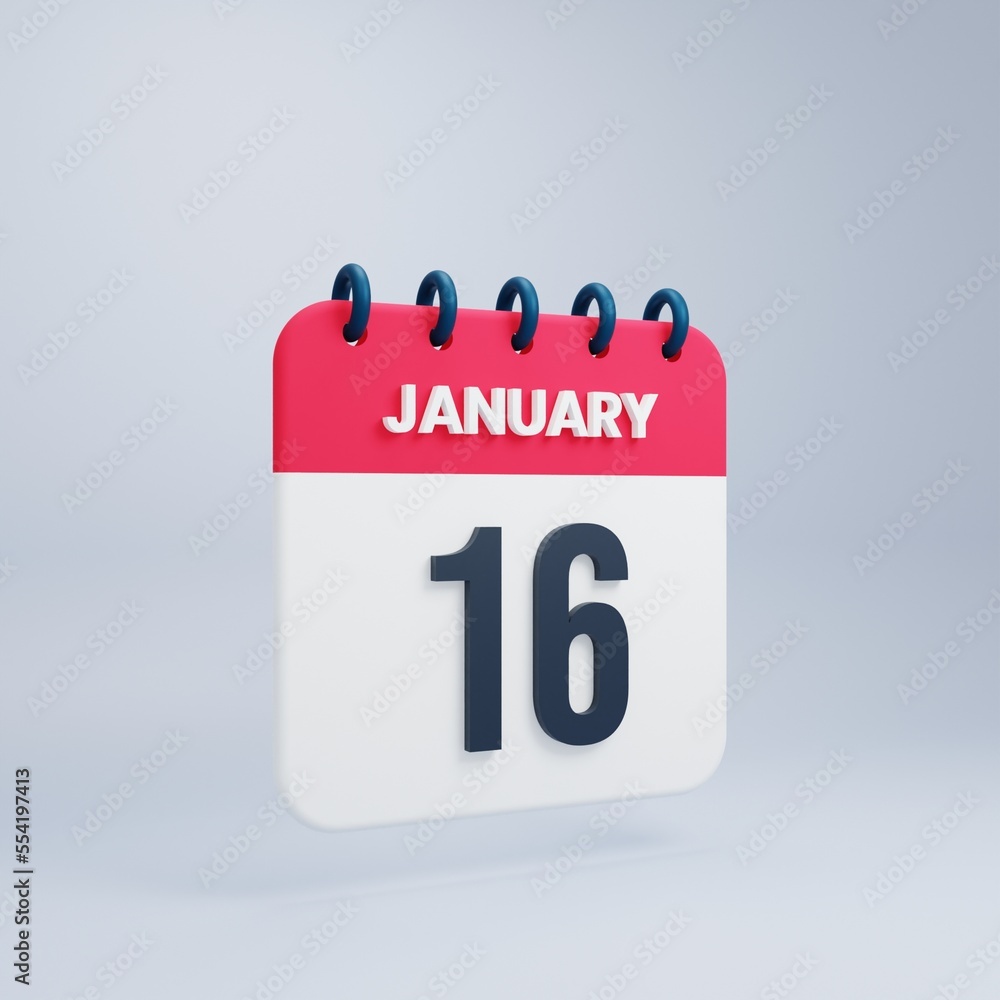January Realistic Calendar Icon 3D Illustration Date January 16 January Realistic Calendar Icon 3D Illustration Date January 16