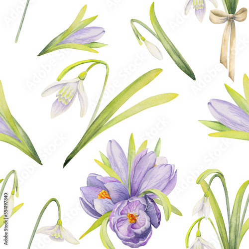 Watercolor hand drawn seamless pattern with spring flowers, crocus, snowdrops, leaves, stems. Isolated on color background Design for invitations, wedding, greeting cards, wallpaper, print, textile.