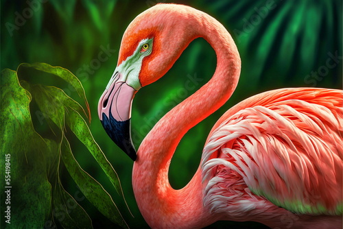 Beautiful pink flamingo on the green background