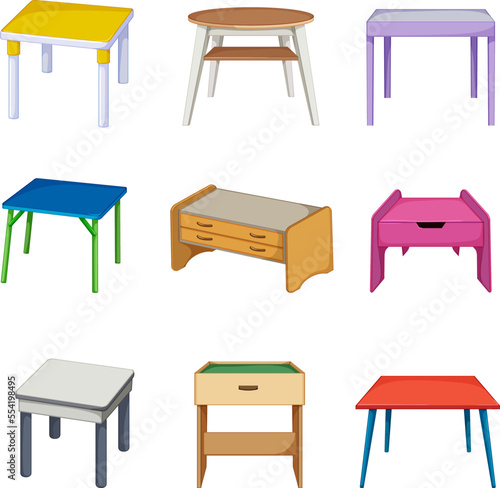 kid table set cartoon. desk child, room school, wooden space, home education, interior kid table vector illustration
