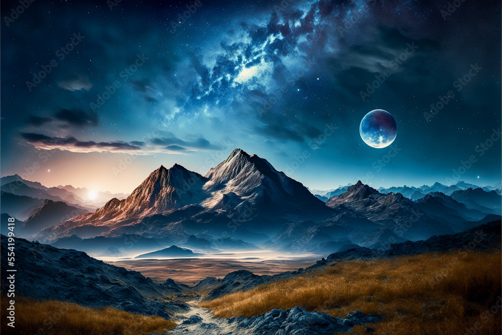 flat landscape beautiful natural mountains in the night sky