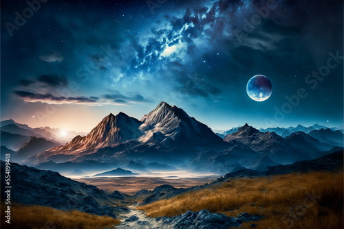 flat landscape beautiful natural mountains in the night sky