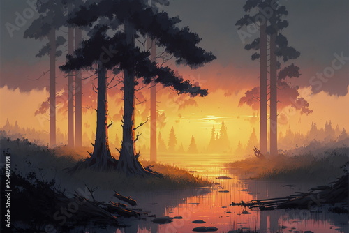 misty swamp landscape at sunset, redwood trees