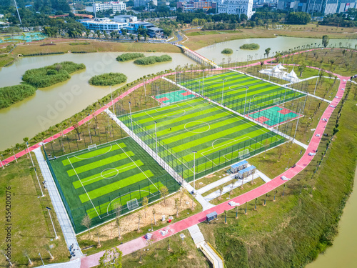 Aerial photography of the new football stadium located on the island in the middle of the lake