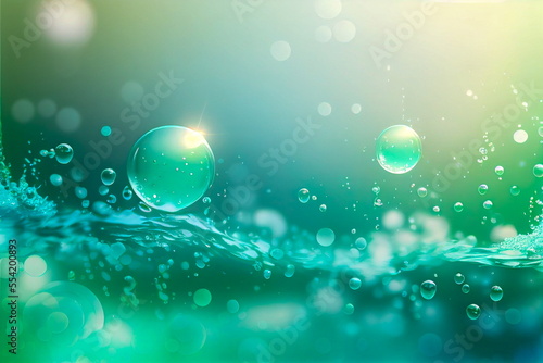 Trendy summer nature banner. Defocused aqua-mint liquid colored clear water surface texture with splashes bubbles with copy space. Water waves in sunlight background