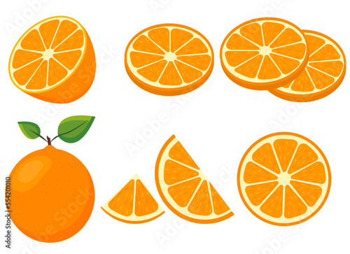 Vector image of an orange. The concept of healthy food and fresh fruit. Juicy fruits, orange snacks, vegetarian dishes. Delicious citrus.