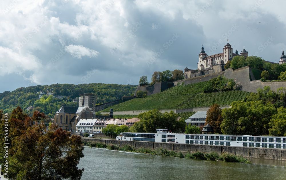 View over the vineyards and the river Main to the Marienberg Castle in Wuerzburg