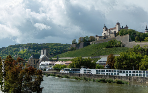 View over the vineyards and the river Main to the Marienberg Castle in Wuerzburg