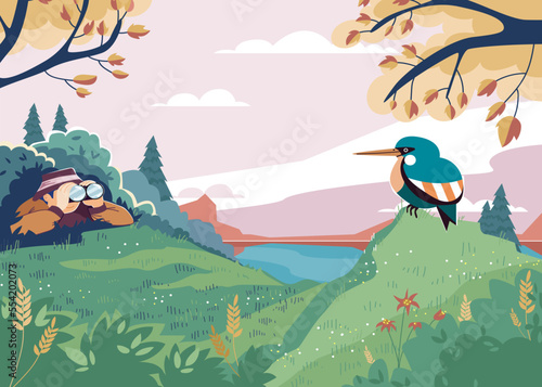 Male character naturalist watch bird outdoor forest, man hide with binoculars bush observe wild woodland poultry cartoon vector illustration.