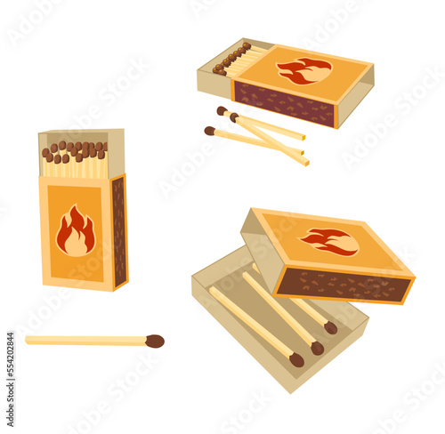 Matchboxes and matches set. Flat design style. Vector illustration highlighted on a white background.