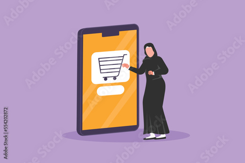 Graphic flat design drawing Arab woman standing and buying online via giant smartphone screen with shopping cart inside. Sale, digital, internet and gadget concept. Cartoon style vector illustration