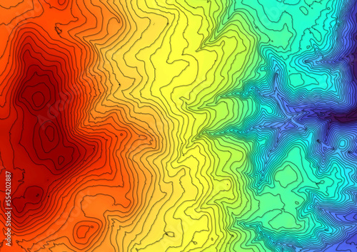 Concept de fond - Hydrographie - Vue aérienne des méandres d'une rivière en territoire montagneux - Rendu 2d modèle numérique de terrain avec colorisation hypsométrique  et courbes de niveau photo