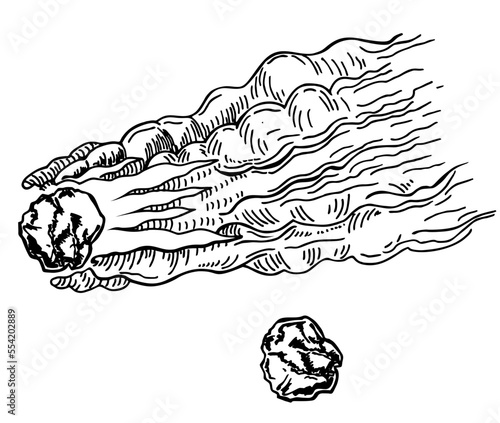 sketch illustration of a space meteorite. Falling meteorite with flames, cloud of smoke, iron meteor, The drawing is suitable for a space-themed decor, a sticker