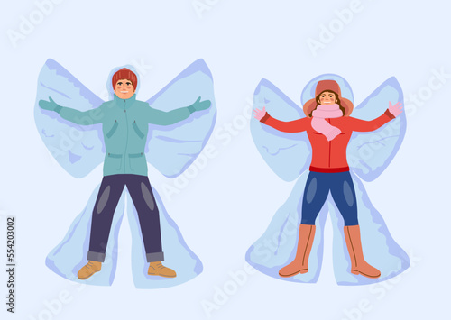 Girl and boy lying on snow making angel isolated vector characters young woman and man in mittens and winter clothes outdoor activity pastime and, leisure having fun on nature leaving angelic
