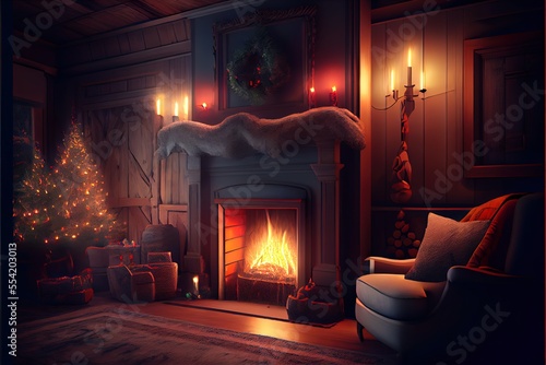 Christmas eve cozy mood in classic decorated living room with fireplace, christmas tree, candles and gifts. Family waiting for rest. December holidays, winter, warm indoor illustration, 3d render.