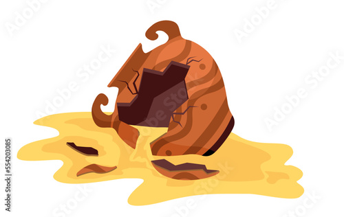 Broken Ancient Vase. Old Greek jar vector. Cartoon clay pottery pot icon. Cracked Greek pitcher. Excavations. Museum ceramic. Urn or vase isolated. Artifact vector. Old broken vase on deep bottom.