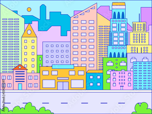 Urban large city landscape, townscape concept town road, megalopolis view cartoon line vector illustration. Cosmopolitan place.
