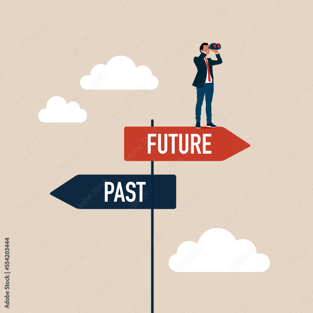 Past and future. Businessman confidently chooses to move forward to the future. Modern vector illustration flat design Past and future. Businessman confidently chooses to move forward to the future. Modern vector illustration flat design