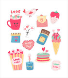 Set of valentine's day stickers. Bright pink stickers for gifts, packaging, postcards, brochures.