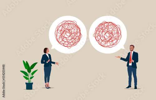 Unclear explanations, not understanding, confused speech. No communication message. Poor communication with speech bubbles.   Modern vector illustration flat design