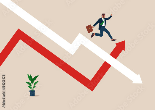 Businessman jumping over chasm. Symbol of business success, challenge, risk, courage. Flat modern vector illustration.