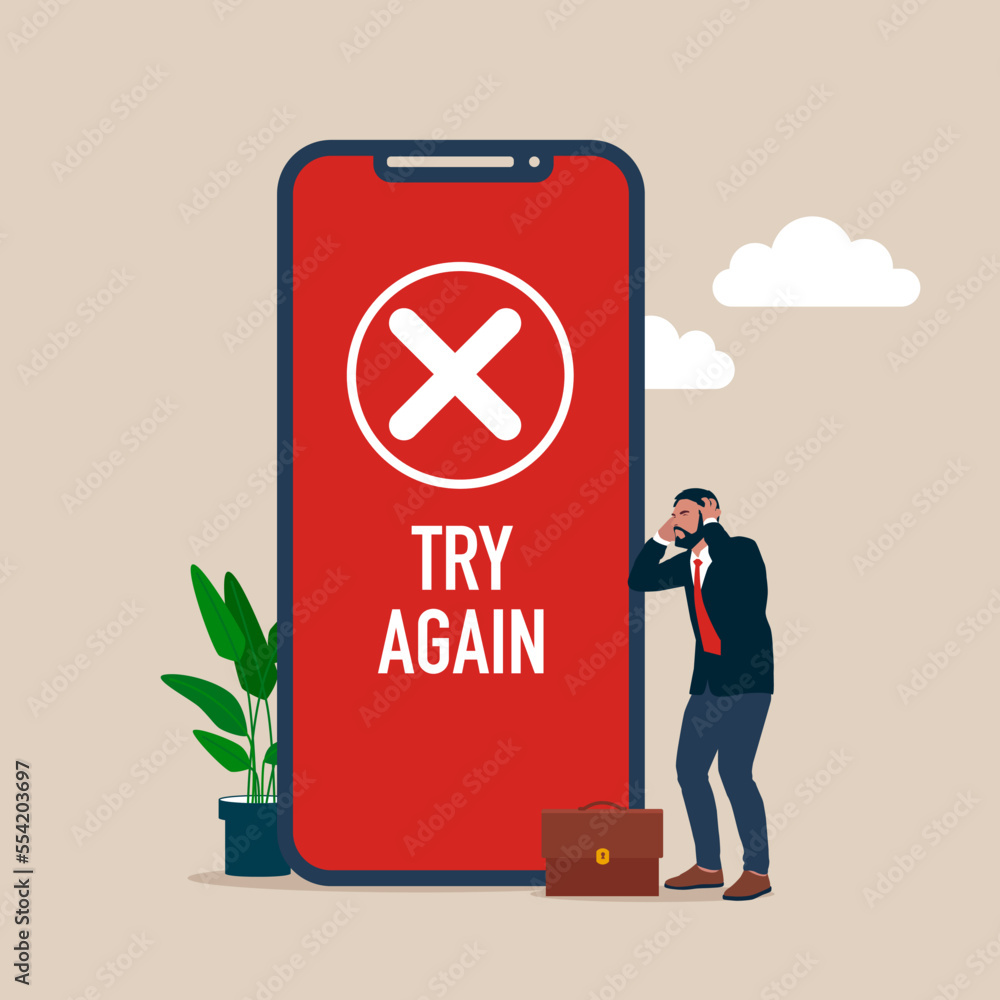 Naklejka premium Confused businessman. Payment error info message on smartphone. Customer cross marks failure. Flat modern vector illustration